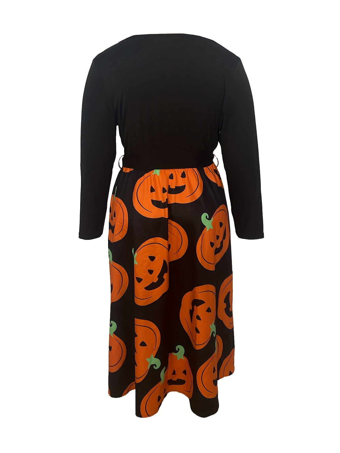 Pumpkin Print Long Sleeve A line Dress With Belt