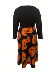 Pumpkin Print Long Sleeve A line Dress With Belt
