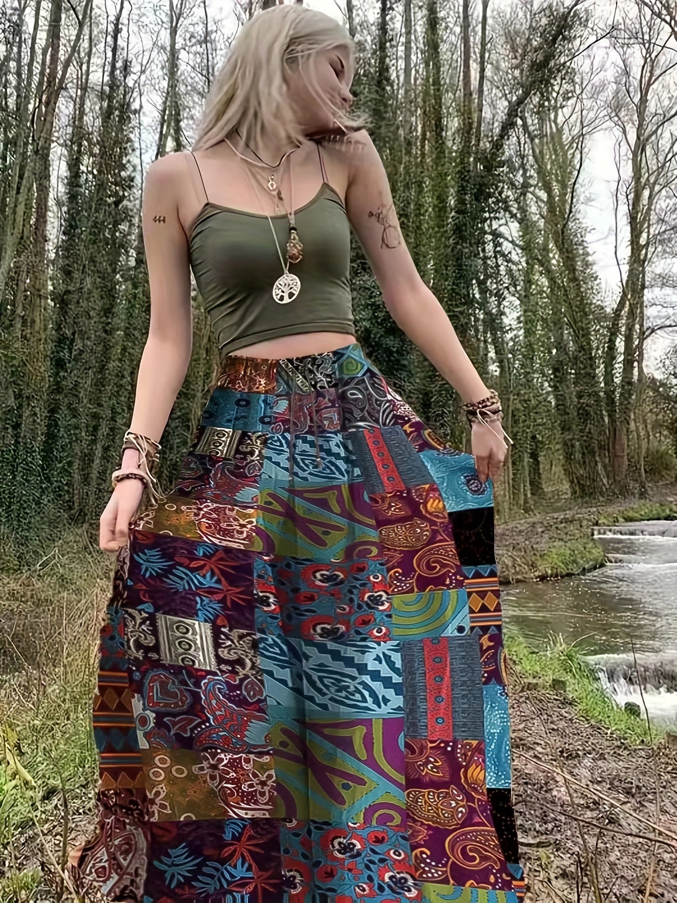 Hippie Patchwork Print Drawstring Skirt Boho Skirt Spring Summer Women's