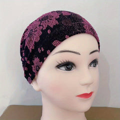 Glitter Flower Embroidery Turban Cap Beanie Elastic Head Wrap