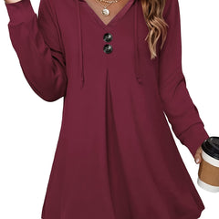 Button Front Drawstring Hoodie Sweatshirt Women's Clothing