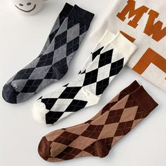 3 Pairs Argyle Print Socks Soft & Comfy Women's Mid Tube Stockings