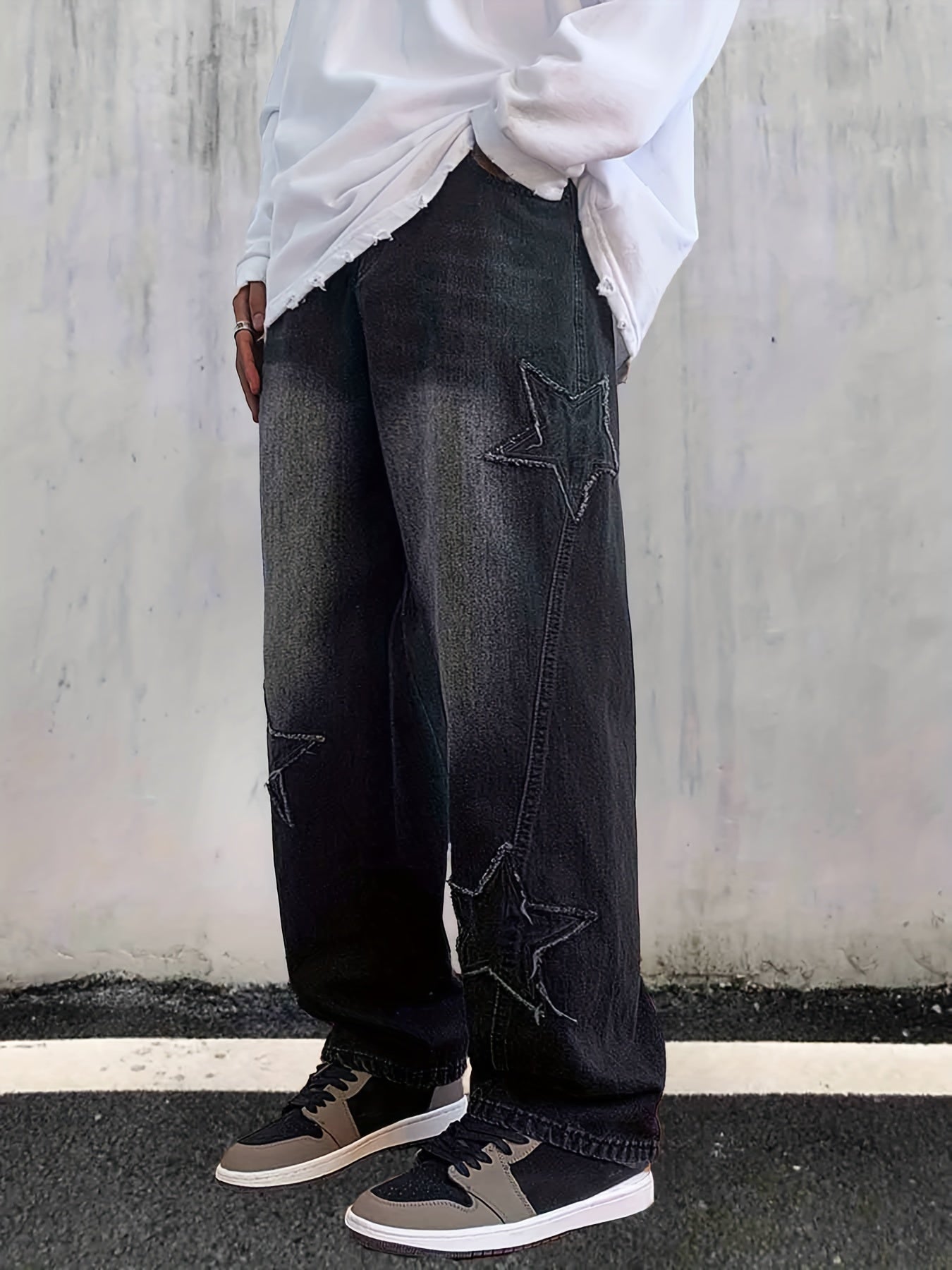 Star Pattern Baggy Jeans Men Casual Street Style Loose Fit Denim Pants