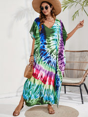 Tie Dye Batwing Sleeve V Neck Kaftan Beach Cover Up Dress