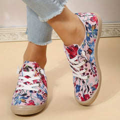 Floral Print Canvas Lace Up Flat Sneakers Women's Shoes