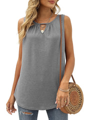 Hollow Crew Neck Tank Top Pleated Sleeveless Summer Casual