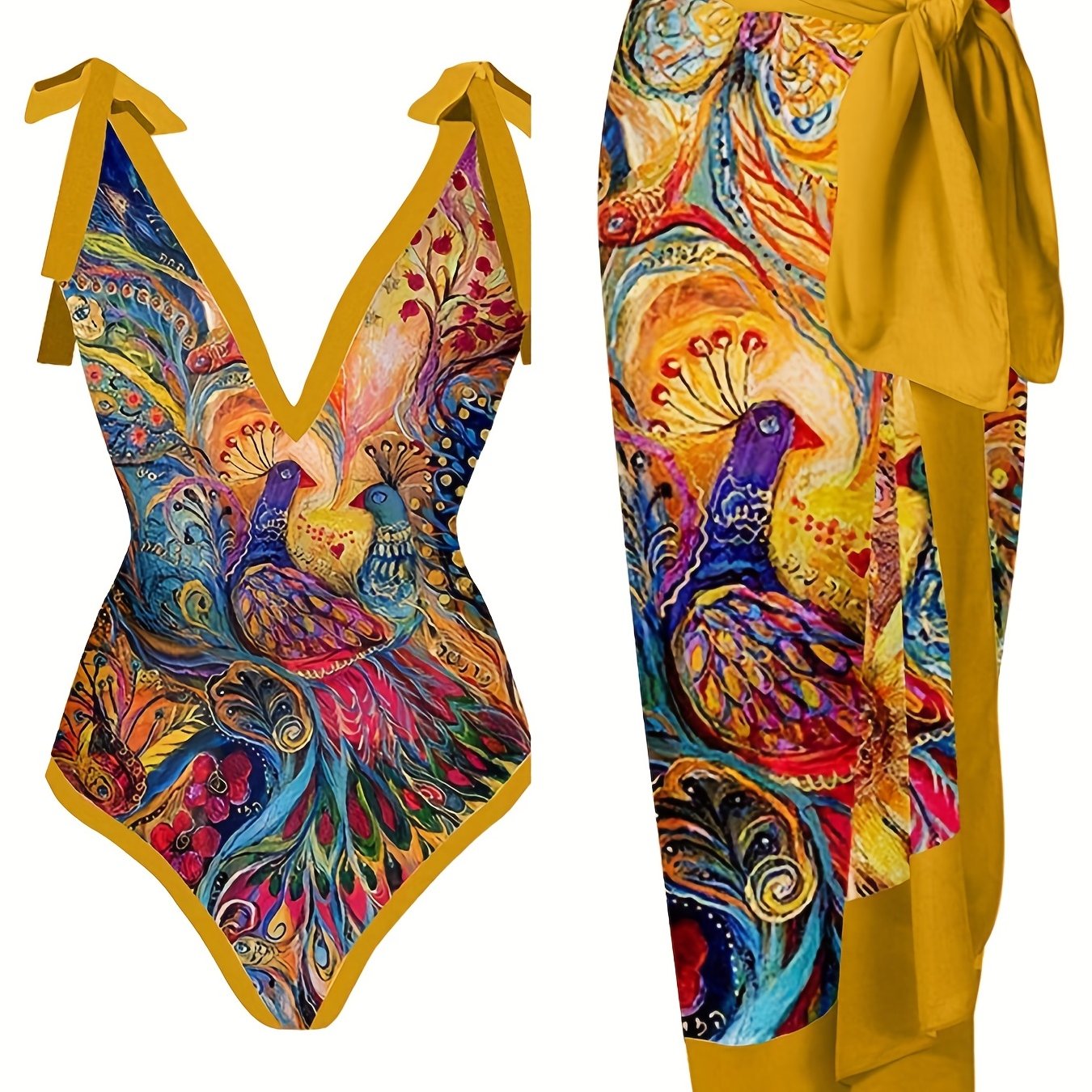 Peacock Print Two Pieces Swimsuit with Cover Up Shirt