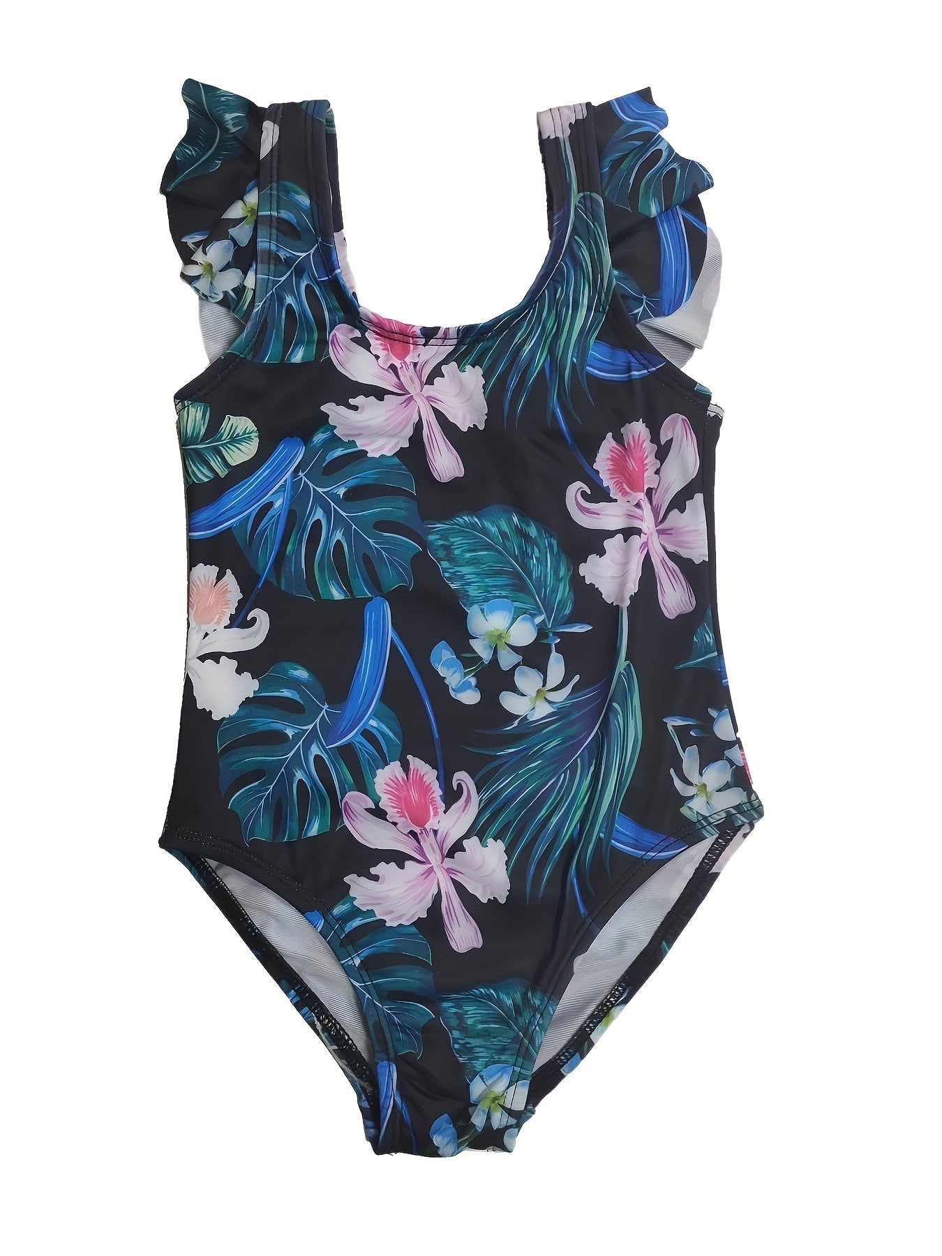 Toddler Girls Floral Ruffle Trim One Piece Swimsuit