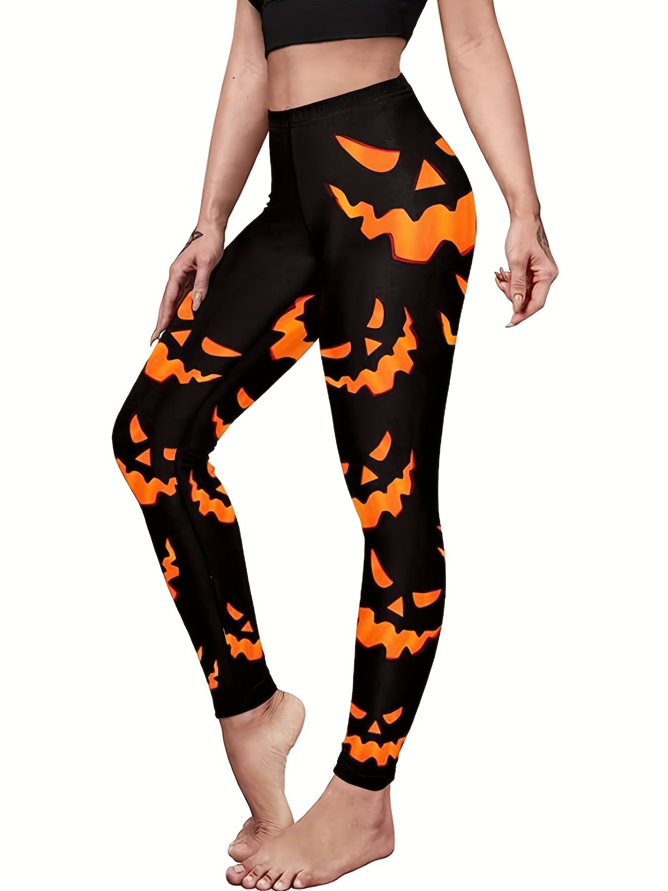 Women's Plus Pumpkin Face Print High Rise Skinny Yoga Pants