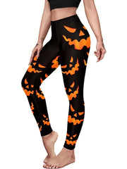 Women's Plus Pumpkin Face Print High Rise Skinny Yoga Pants