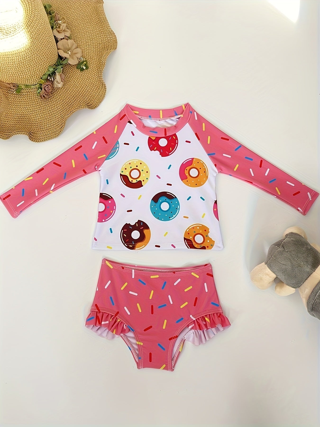 Girls' Donut Graphic Long Sleeve Swimwear Set, 2pcs