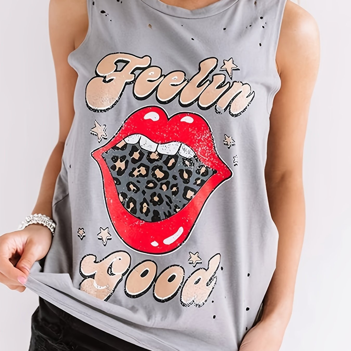 Leopard Lips Print Tank Top Crew Neck Sleeveless Top