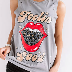 Leopard Lips Print Tank Top Crew Neck Sleeveless Top
