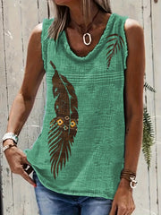 Western Feather Print Tank Top Sleeveless Crew Neck Casual Tops