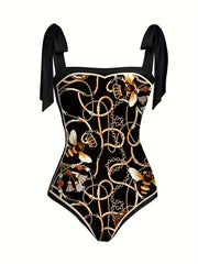 Chain & Bee Print Swimsuit Set with Cover Up Skirt