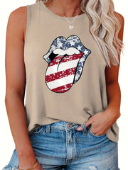 Flag Lip Print Tank Top Round Neck