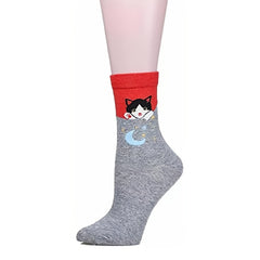 5 Pairs Cartoon Cat Crew Socks - Comfy Casual Breathable Cute Design