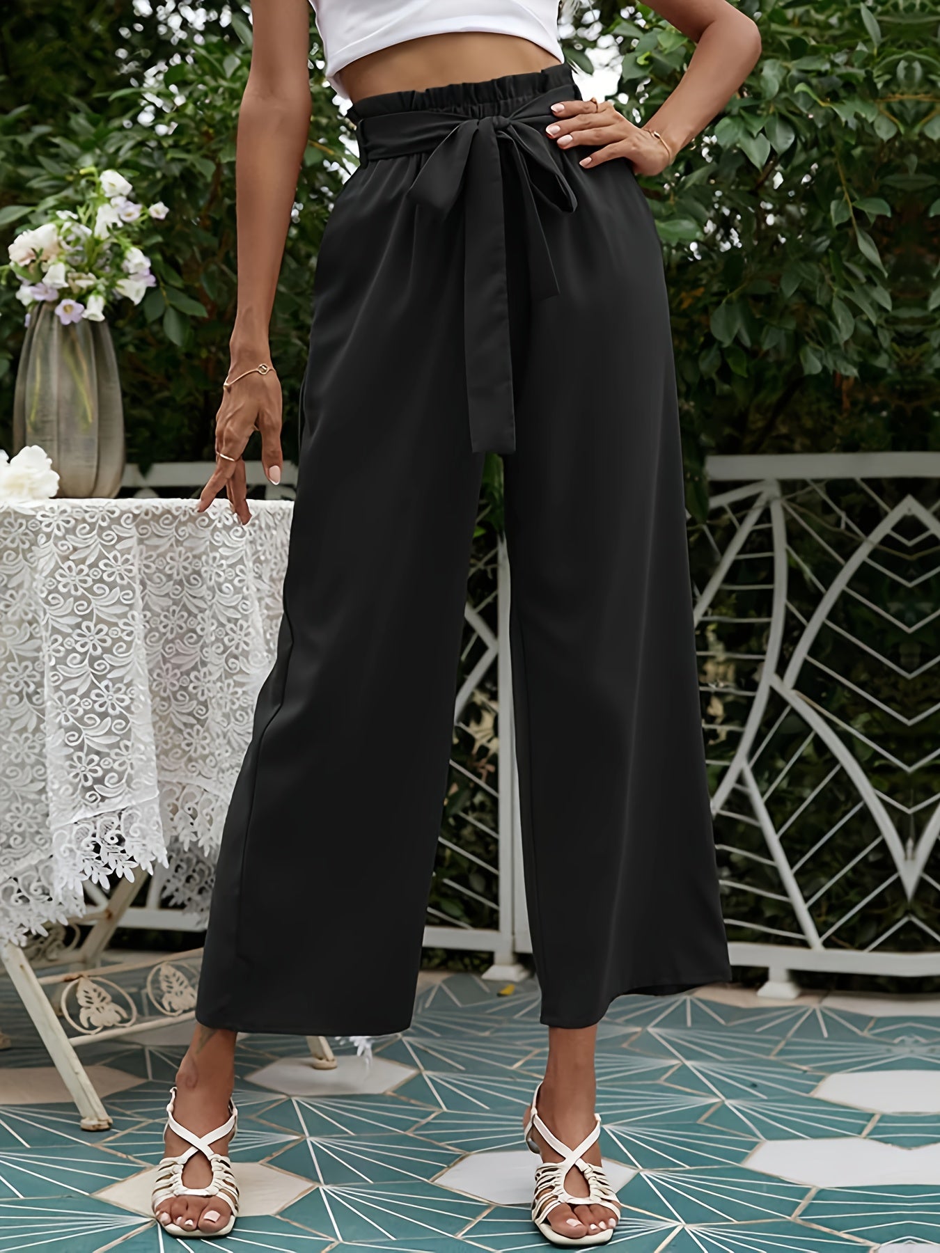 Wide Leg Pants Elastic Waist Belted Casual Pants