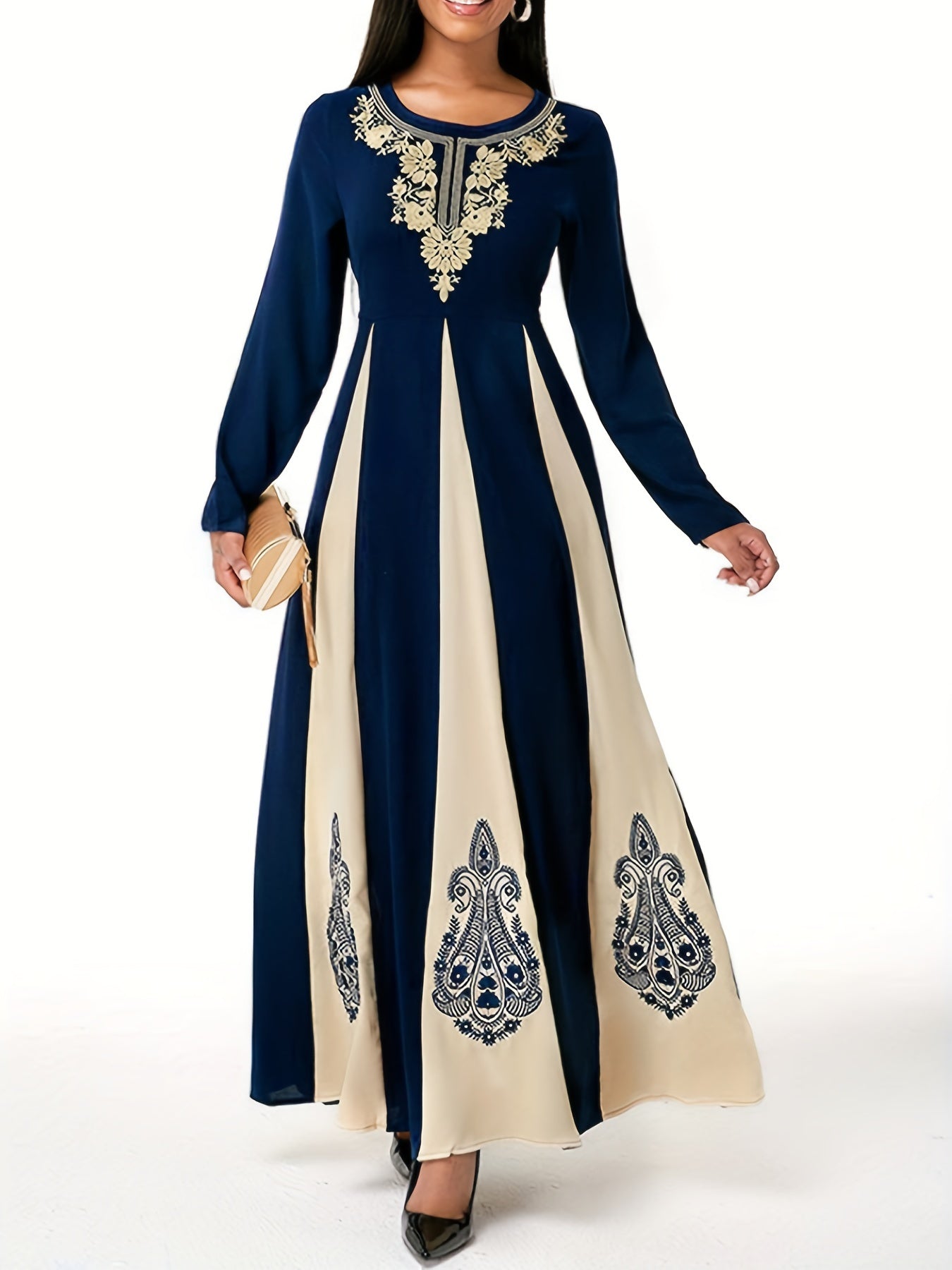 Block Maxi Dress Crew Neck Long Sleeve Dress Women's Clothing