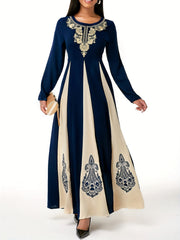 Block Maxi Dress Crew Neck Long Sleeve Dress Women's Clothing
