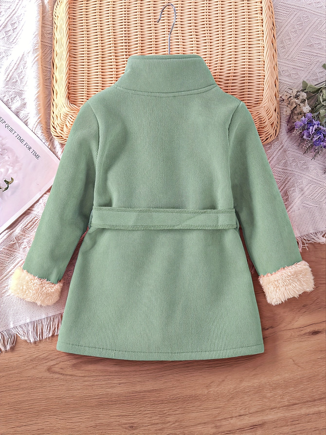 Baby Girls Solid High Neck Fleece Coat With Belt Kids Winter Jacket