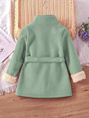 Baby Girls Solid High Neck Fleece Coat With Belt Kids Winter Jacket