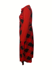Gingham Print Colorblock Dress Mock Neck Maxi Dress