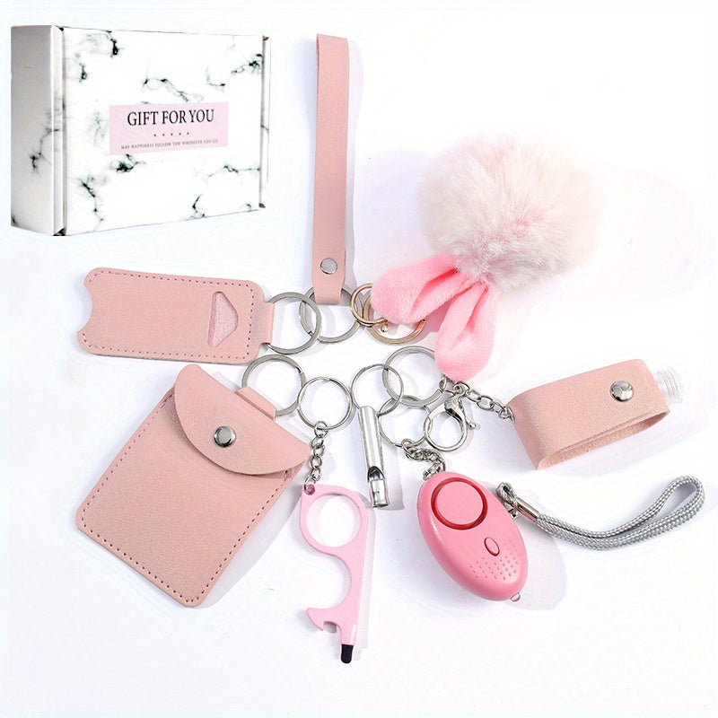 8 Pcs Women's Safety Keychain Set with Personal Alarm Pompom