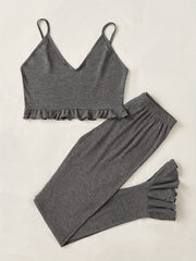 Solid Lounge Set V Neck Cami Top & Ruffle Pants Women's Loungewear