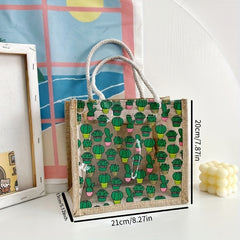 Printed Burlap Handbag Portable Shopping Bag Zipper Tote For Work School Picnic