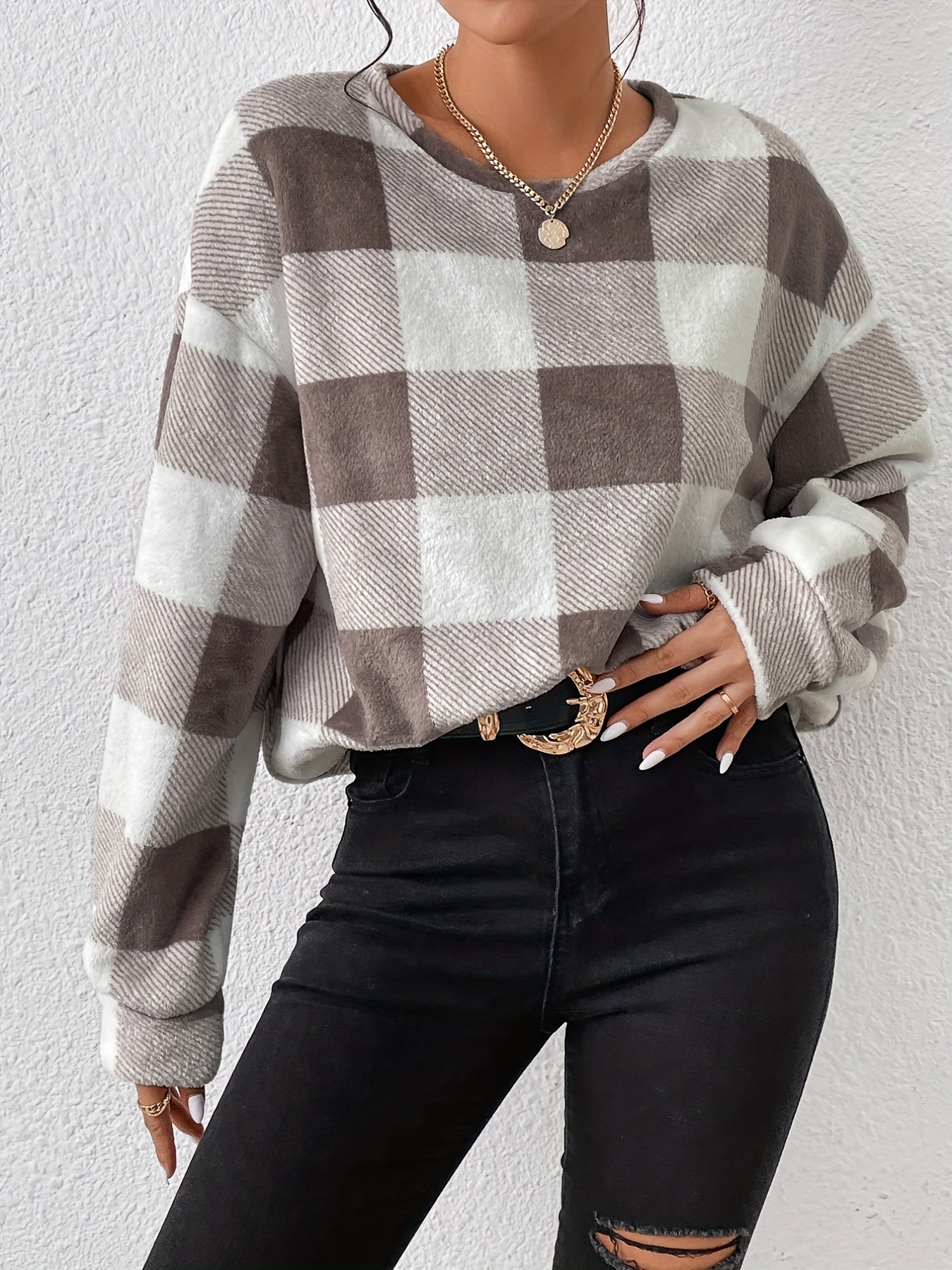 Plaid Pullover Sweatshirt Crew Neck for Fall & Winter Women's Clothing
