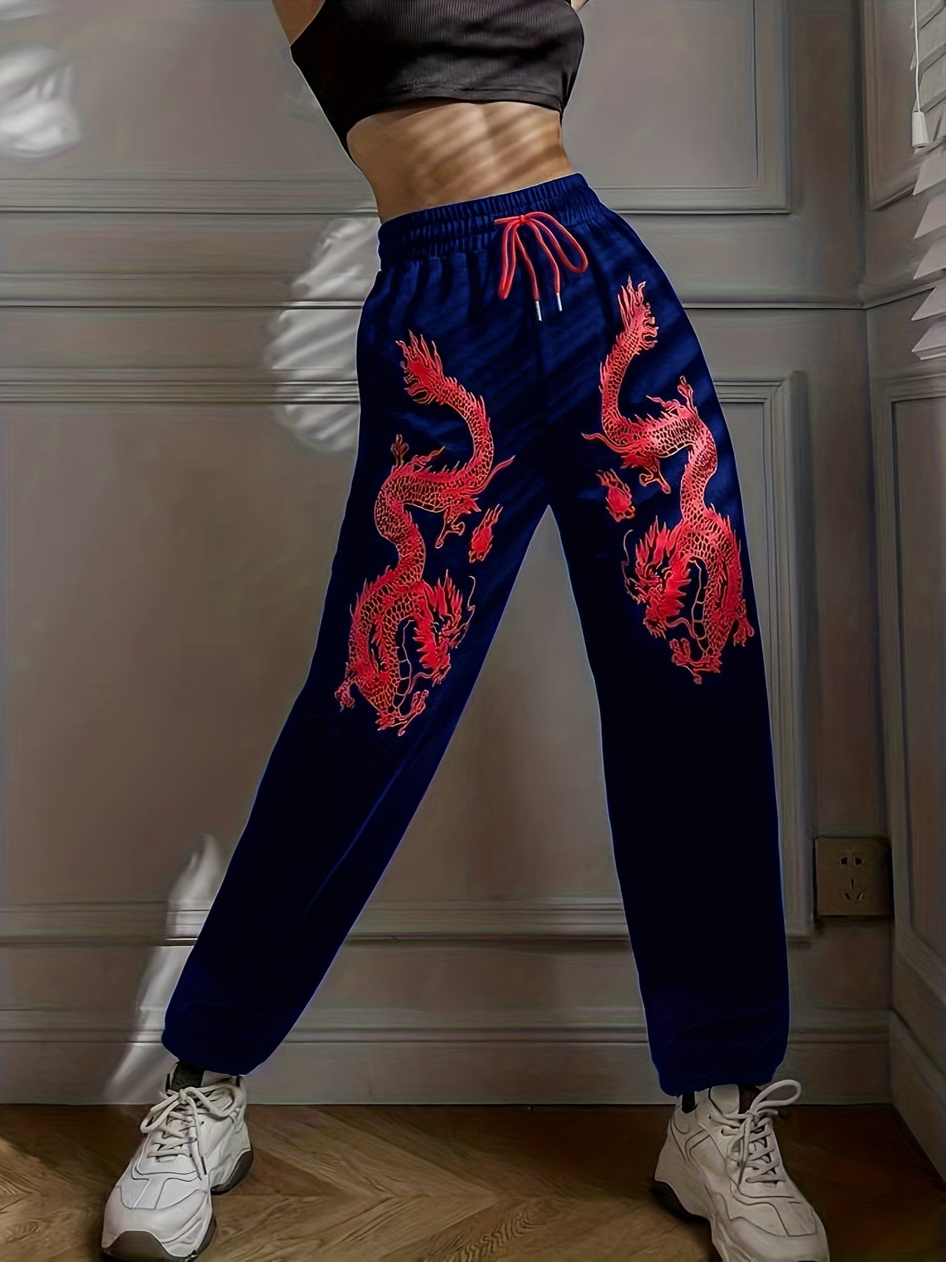 Dragon Print Drawstring Waist Sweatpants for Women