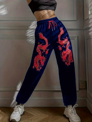 Dragon Print Drawstring Waist Sweatpants for Women