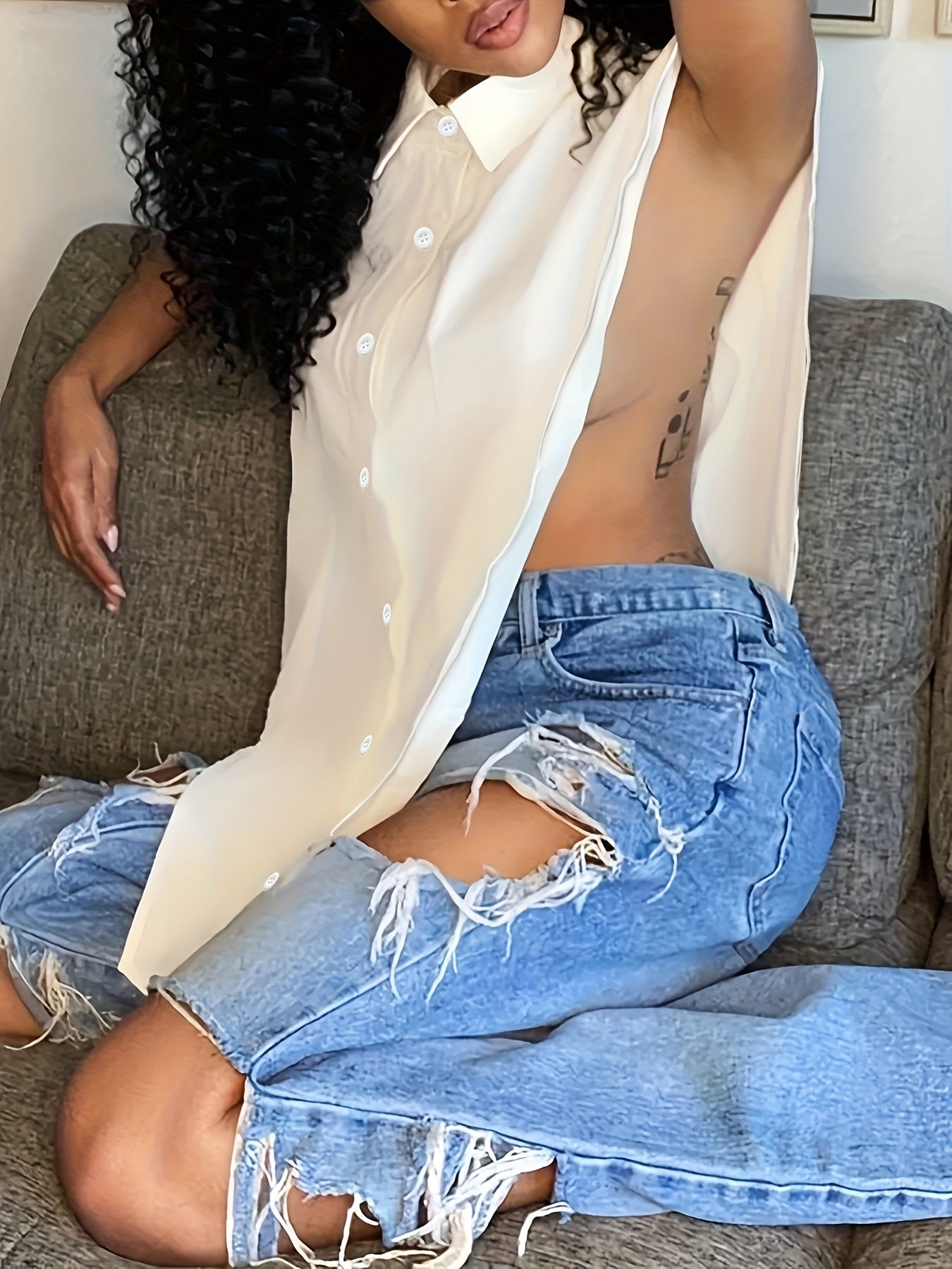 Sexy Blouse Solid Button Up Cap Sleeve Split Side Blouse
