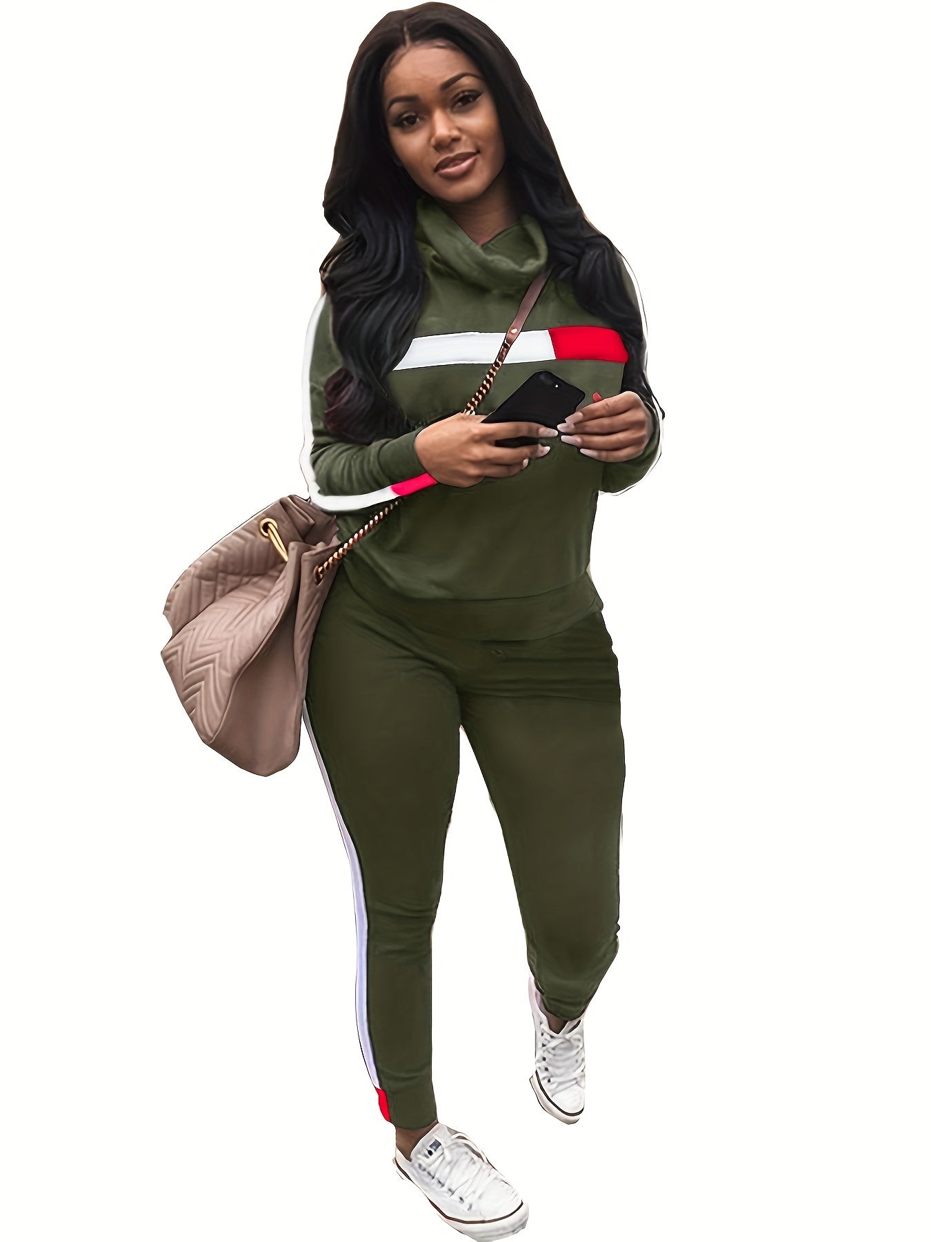 Contrast Panel Chimney Neck Sweatshirt & Sweatpants Set Plus Size