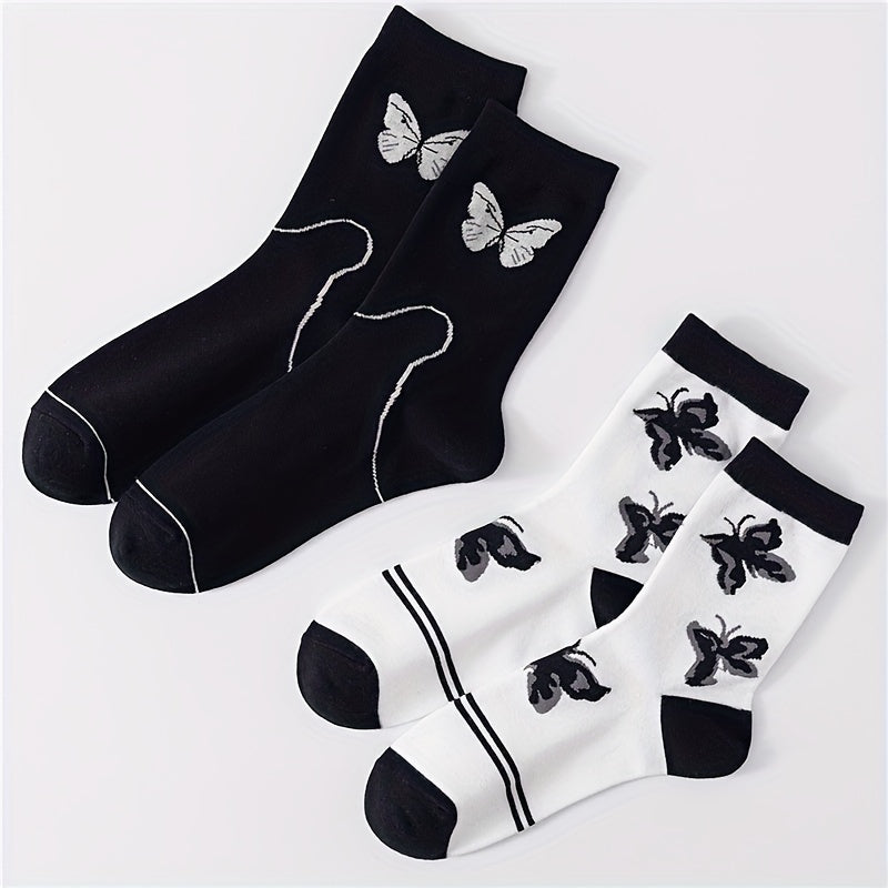 Butterfly Print Mid Tube Socks 2 Pairs Women's Stockings