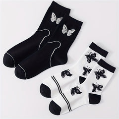 Butterfly Print Mid Tube Socks 2 Pairs Women's Stockings
