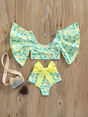 2pcs Baby Girls Striped Lemon Top & Bowknot Shorts Swimsuit Set