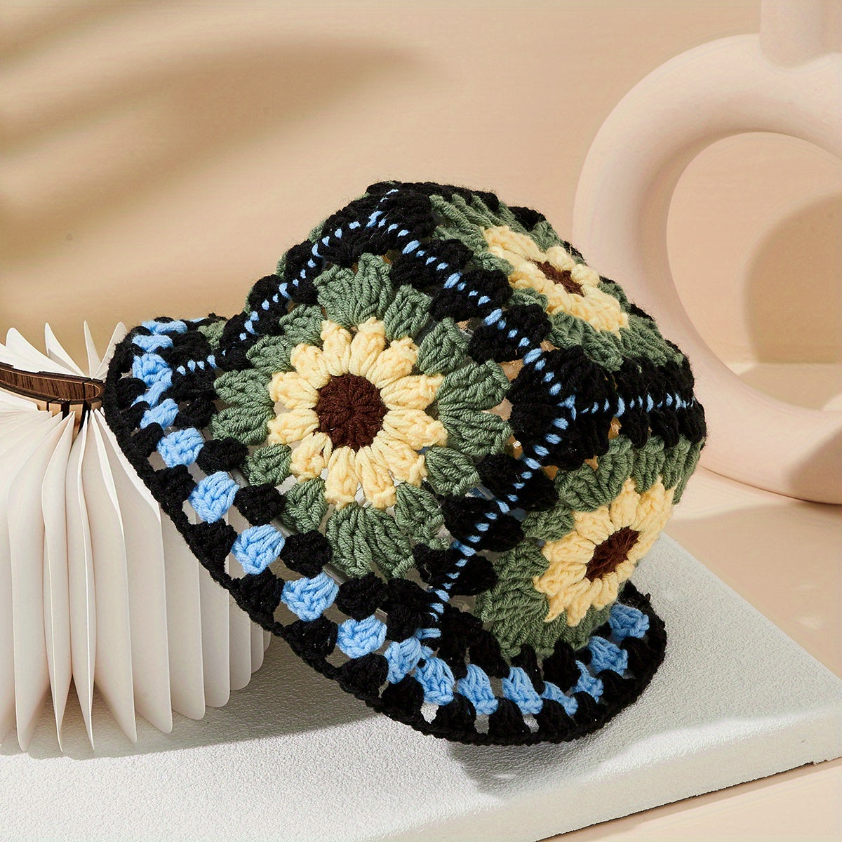 Y2K Flower Crochet Bucket Hat Knitted Cloche Breathable Basin Hat