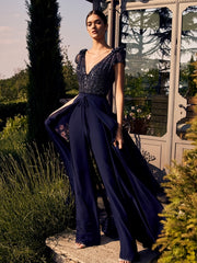 Women's Sexy Cap Sleeve Sequin Jumpsuit with Overskirt