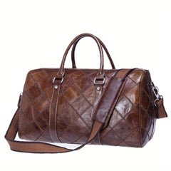 Men's Leather Duffel Bag Vintage Shoulder Bag Plaid Travel Luggage