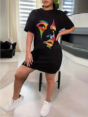 Abstract Figure Print Short Sleeve Nightdress