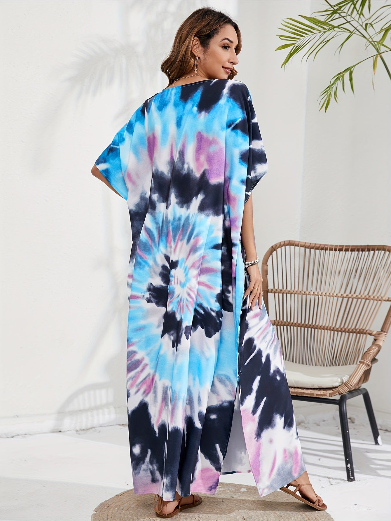 Boho Cover Up Women's Plus Spiral Tie Dye Batwing Sleeve