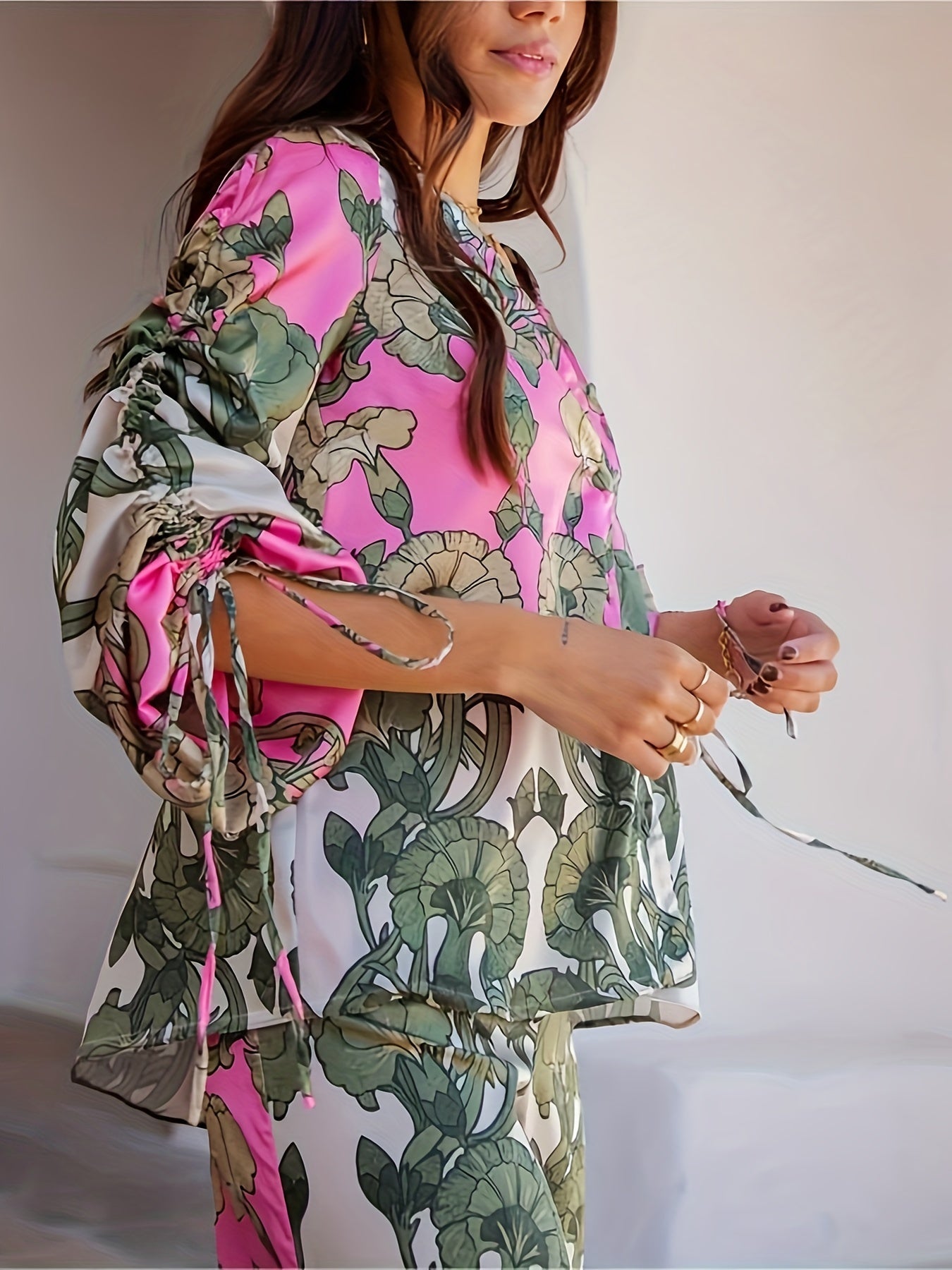 Women's Plus Floral Lace-Up Shirt & Pants Set
