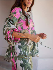 Women's Plus Floral Lace-Up Shirt & Pants Set