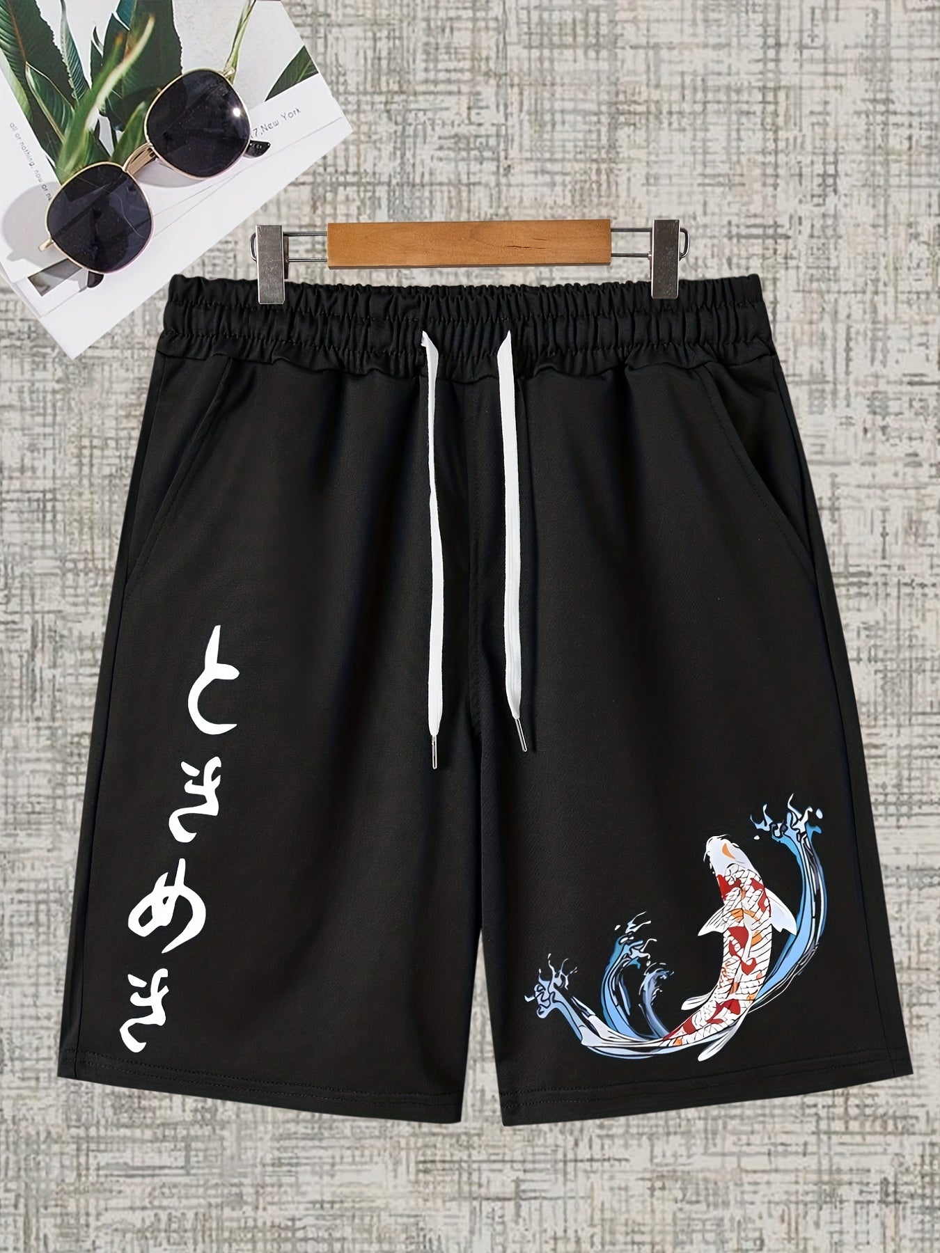 Koi Fish Pattern Comfy Active Shorts Men's Casual Stretch Drawstring Shorts