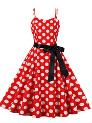 Retro Polka Dot Swing Dress Sleeveless Lace Up A-line