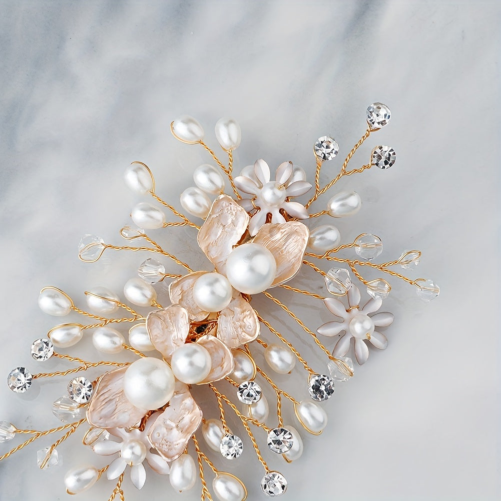 Flower Charm Braided Hair Clip Rhinestone & Faux Pearl Decor Barrette