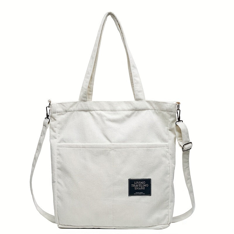 Corduroy Tote Bag with Letter Patch Decor Large Capacity Crossbody Bag