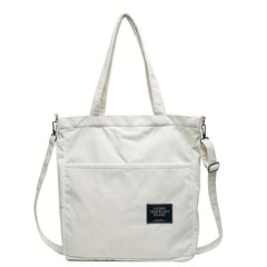 Corduroy Tote Bag with Letter Patch Decor Large Capacity Crossbody Bag